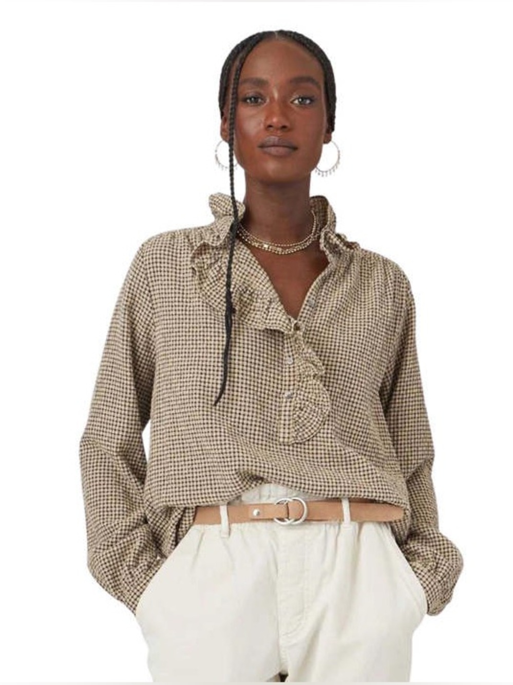 XíRENA Caspian Top Toffee Ruffle Check Long Sleeve Blouse Size M